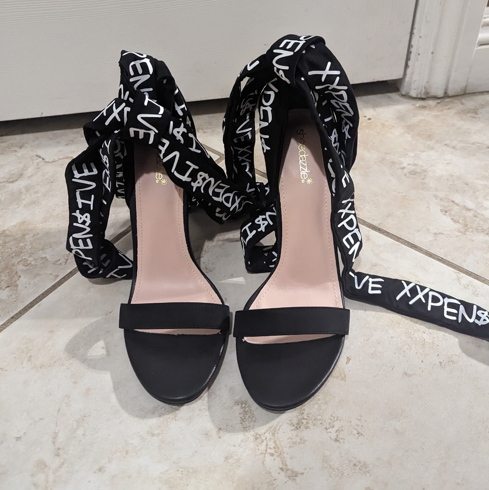 Shoe Dazzle Black Lace Up Ankle Tie Wrap (Never Worn) Heels